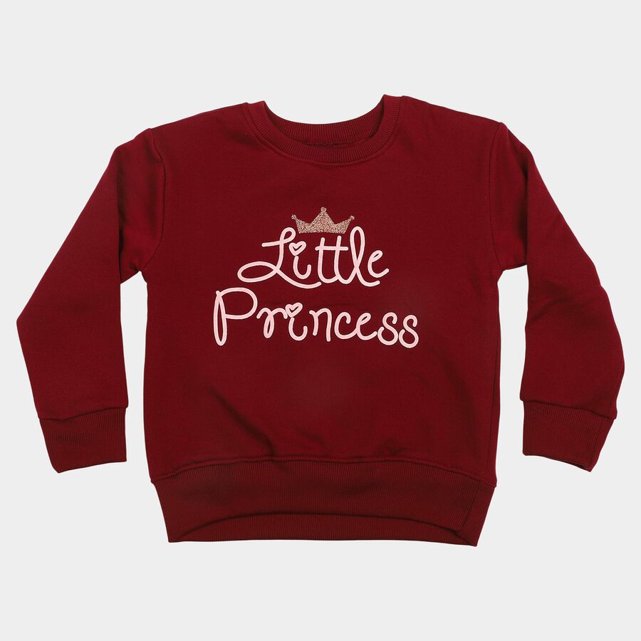 Girls' Maroon Crew Neck Graphic Print Sweatshirt, मरून, large
