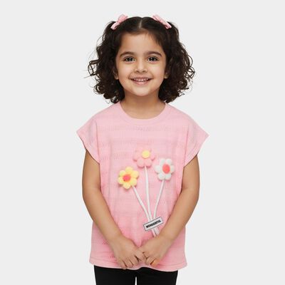 Girls' Pink Round Neck 3D Flower Applique Casual T-Shirt
