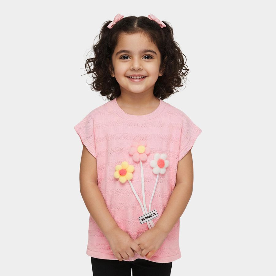 Girls' Pink Round Neck 3D Flower Applique Casual T-Shirt, Light Pink, large