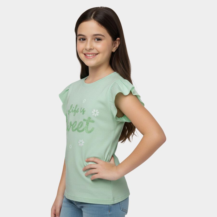 Girls' Mint Green Cotton Round Neck Casual T-Shirt, Light Green, large