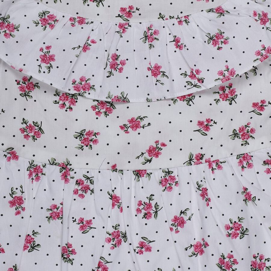 Girls' White Floral Printed Ruffle Neck Cotton Frock, ऑफ व्हाइट, large