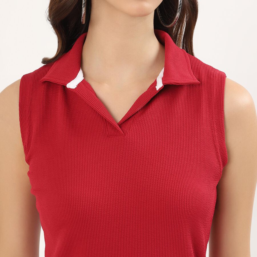 Women's Vibrant Red Polo Collar Sleeveless T-Shirt, Maroon, large image number null