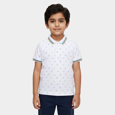 Boys' White Cotton Polo Collar Printed T-Shirt