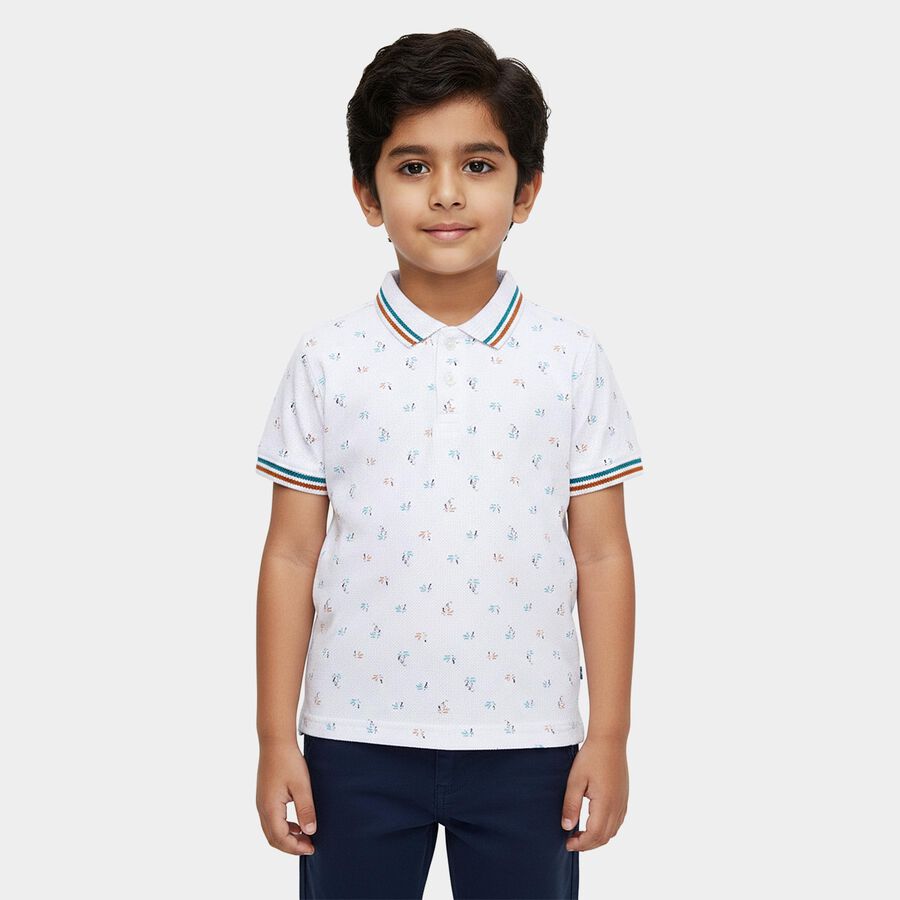Boys' White Cotton Polo Collar Printed T-Shirt, सफ़ेद, large