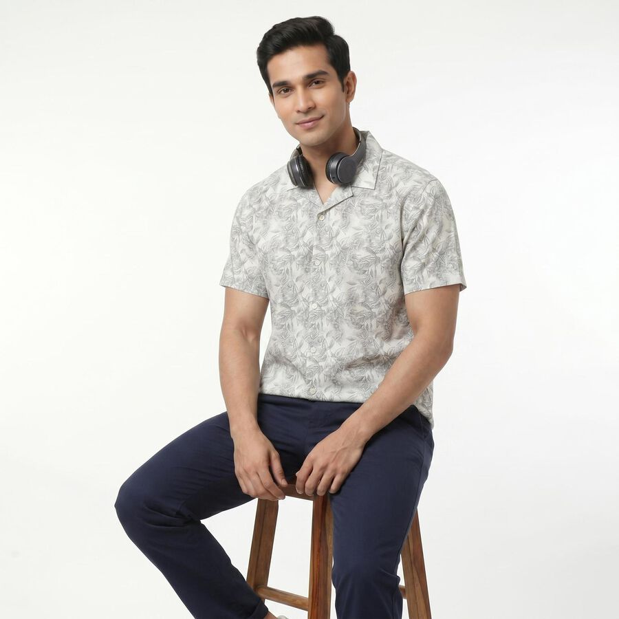 Men's Grey Camp Collar Casual Shirt, Light Grey, large