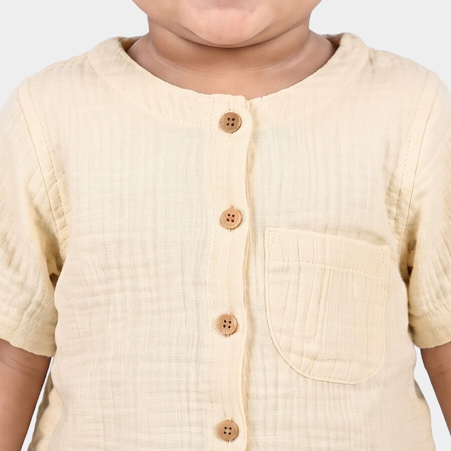 Infants Beige Cotton Round Neck Regular Fit Shirt, Beige, large
