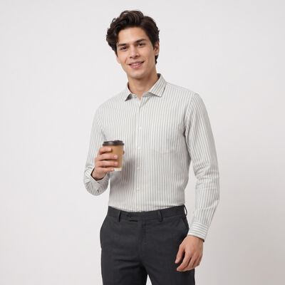 Men Light Green Striped Regular Fit Formal Shirt
