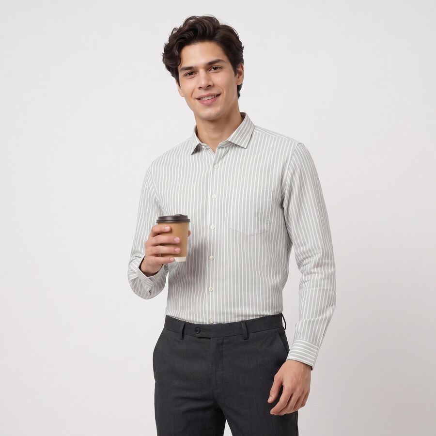 Men Light Green Striped Regular Fit Formal Shirt, Light Green, large