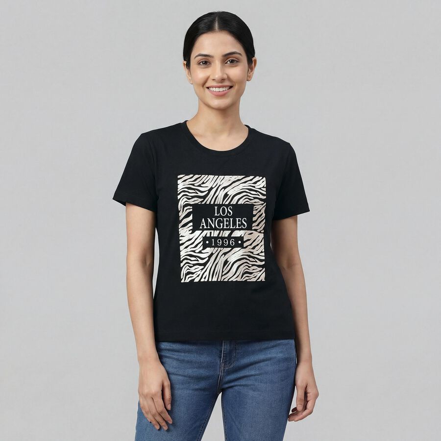 Women's Black Round Neck Minimalist T-Shirt, काला, large