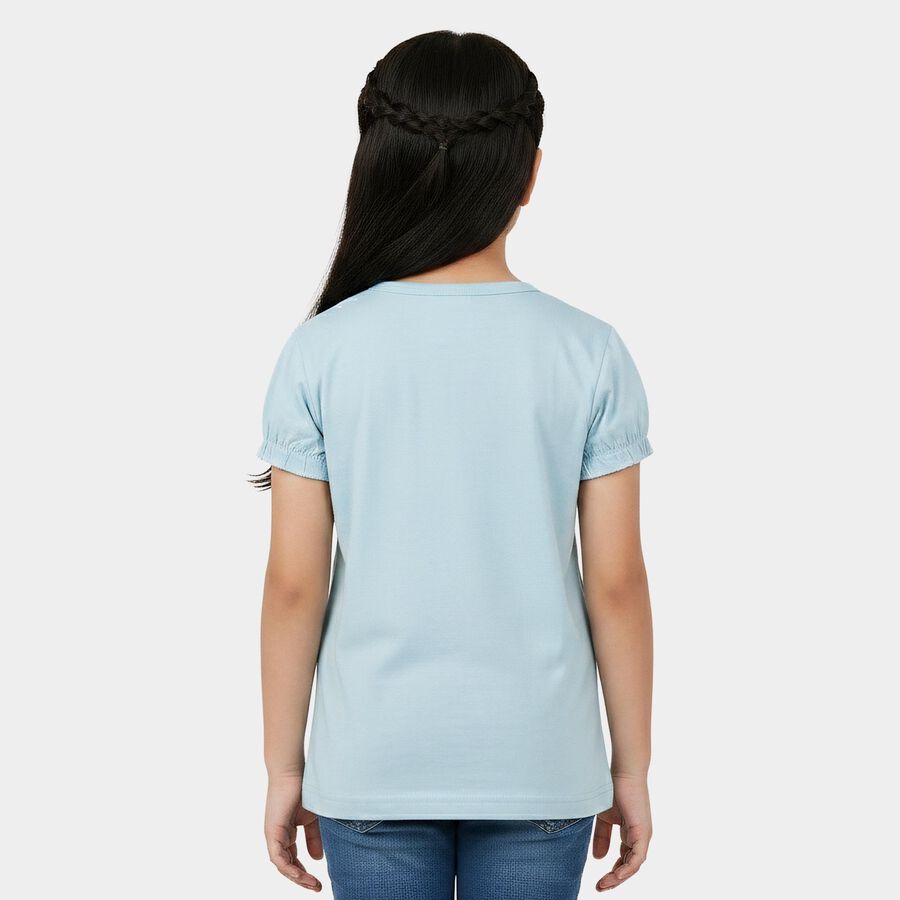 Girls Light Blue Cotton Round Neck Regular T-Shirt, Light Blue, large