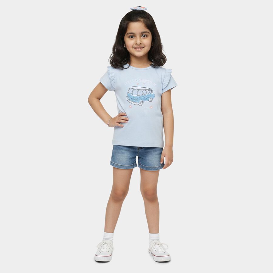 Girls' Light Blue Cotton Round Neck Ruffle Sleeve T-Shirt, Light Blue, large