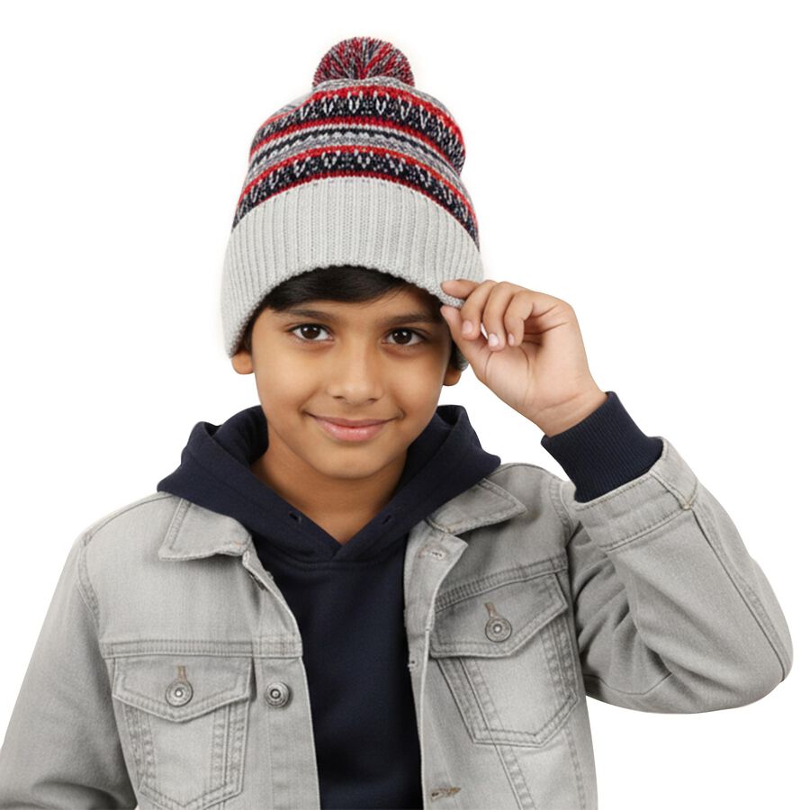 Boys' Grey and Red Striped Knitted Beanie, Ecru Melange, large image number null