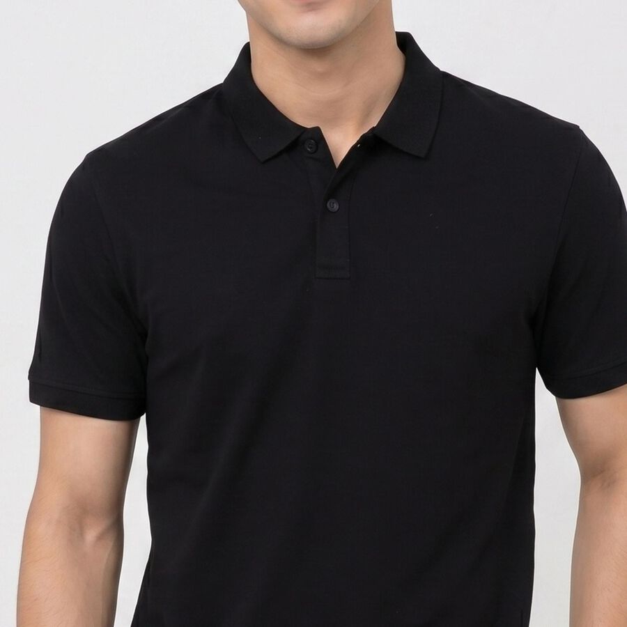 Men's Black Cotton Polo Neck Solid T-Shirt, Black, large