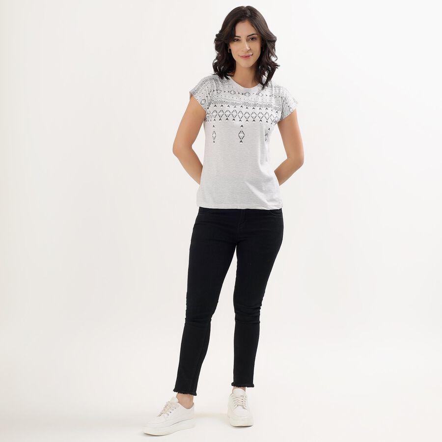 Ladies Light Grey Round Neck Geometric Print T-Shirt, Ecru Melange, large image number null