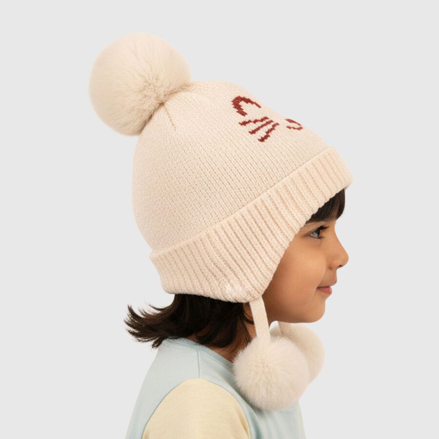 Infants Soft Beige Cat Face Winter Cap, ऑफ व्हाइट, large image number null