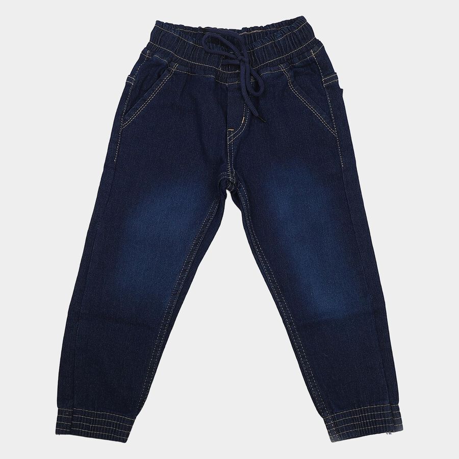 Boys' Navy Blue Jogger Fit Washed Jeans, गहरा नीला, large