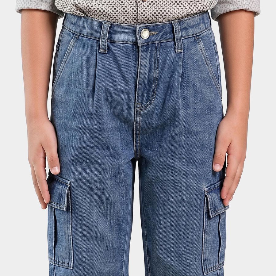 Boys Blue Relaxed Fit Cargo Jeans, Mid Blue, large