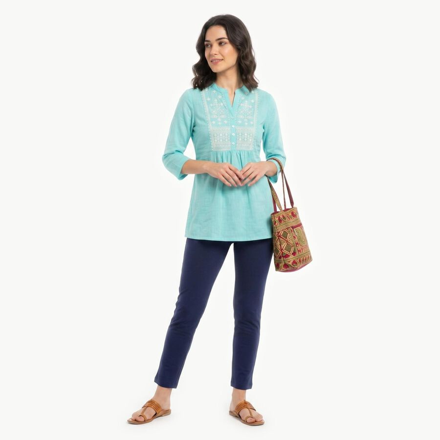 Women's Aqua Cotton Mandarin Collar Embroidered Kurti, एक्वा, large
