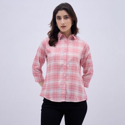 Women's Light Pink Checkered Classic Collar Shirt