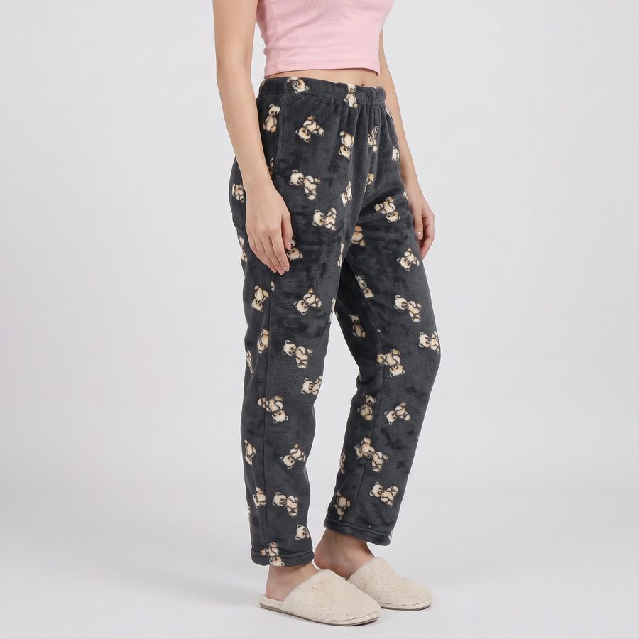 Women's Dark Grey Straight Fit Teddy Printed Lounge Pyjama, गहरा ग्रे, large