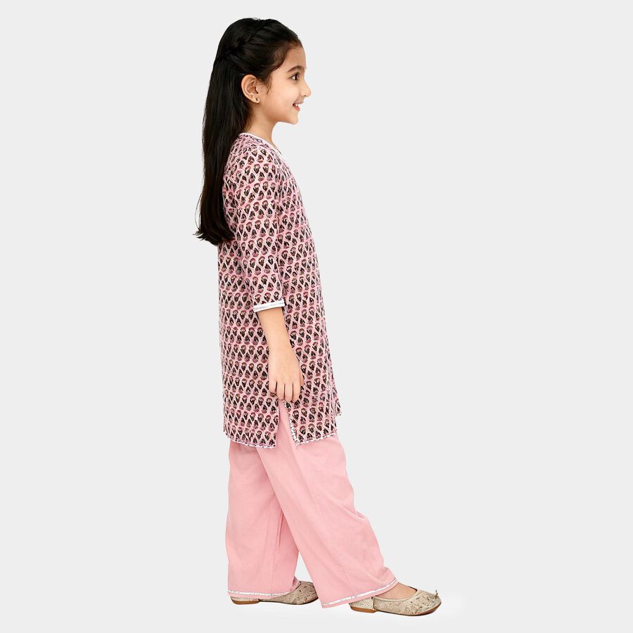 Girls' Light Pink Cotton Round Neck Floral Top and Tiered Skirt Fusion Set, Light Pink, large