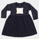 Infants' Navy Blue Fit and Flare Polka Dot Teddy Print Frock, नेवी ब्लू, small