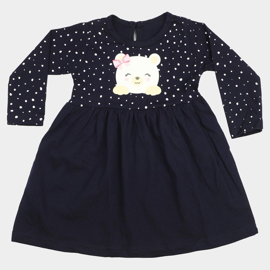 Infants' Navy Blue Fit and Flare Polka Dot Teddy Print Frock, नेवी ब्लू, large