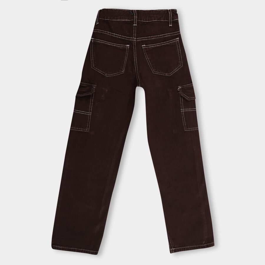 Girls' 100% Cotton Buttoned Jeans, Brown, large image number null