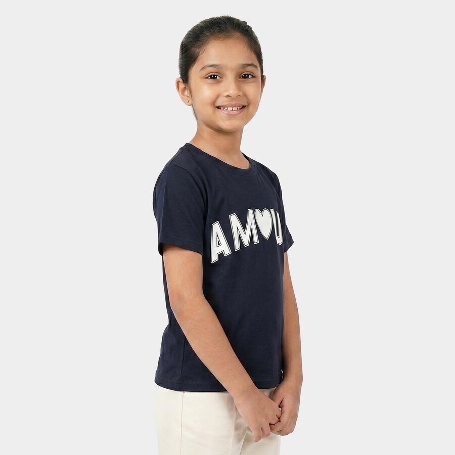 Girls Navy Blue Round Neck Regular T-Shirt, नेवी ब्लू, large
