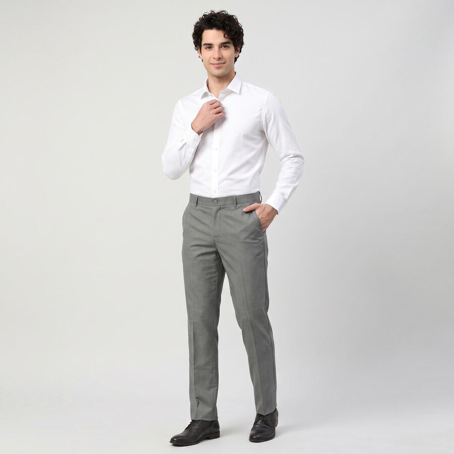 Men's Grey Slim Fit Flat-Front Formal Trousers, हल्का ग्रे, large