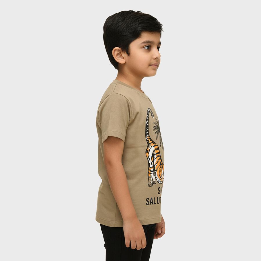 Boys Muted Olive Green Cotton Round Neck Casual T-Shirt, Olive, large
