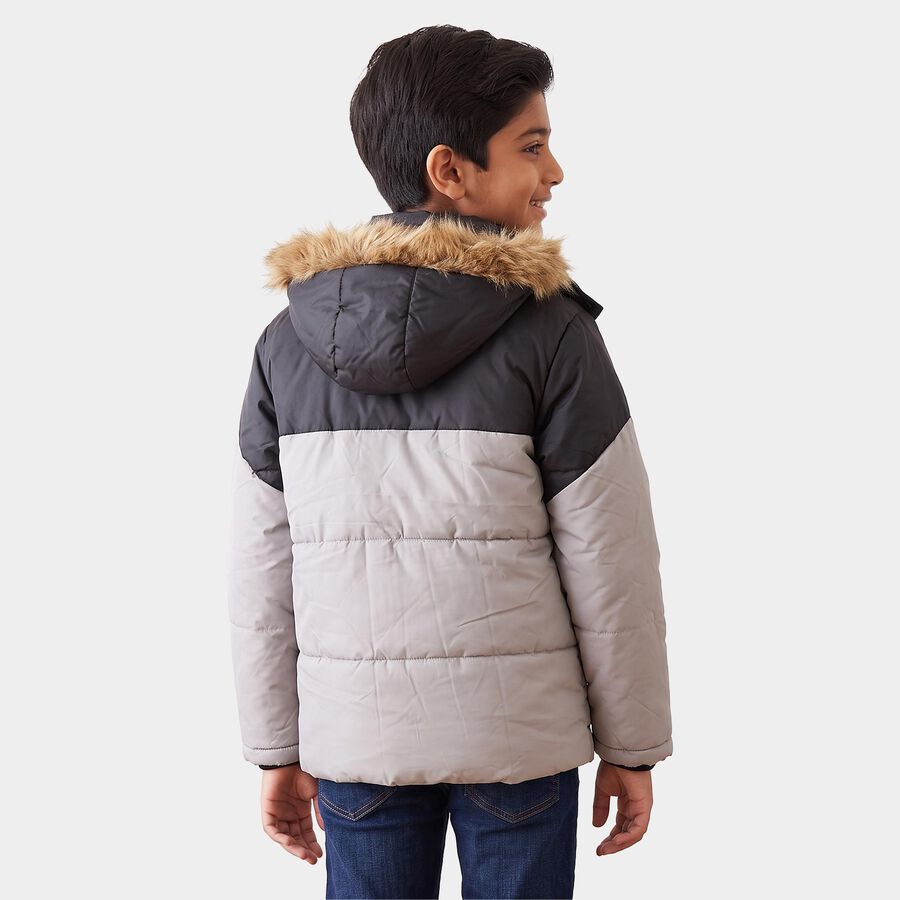 Boys Grey Hooded Puffer Jacket, हल्का ग्रे, large