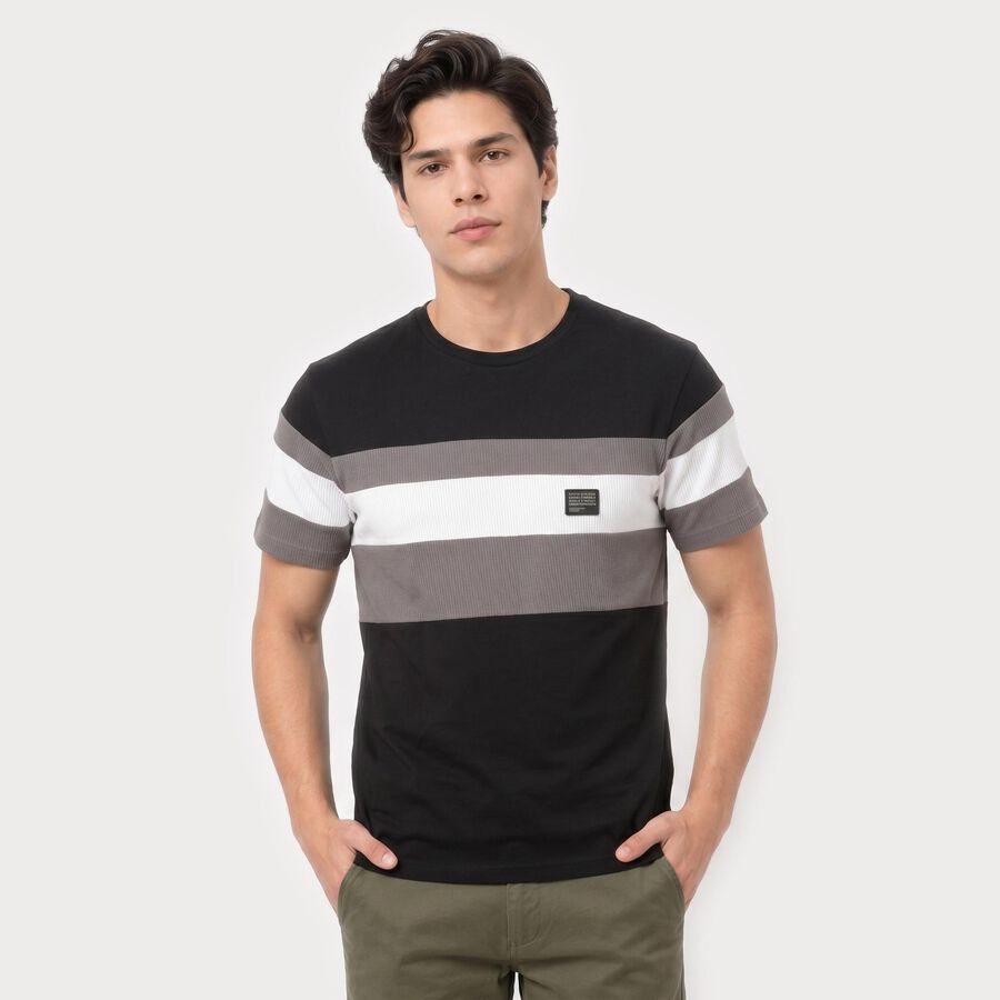 Men's Black Round Neck Regular T-Shirt, Black, large