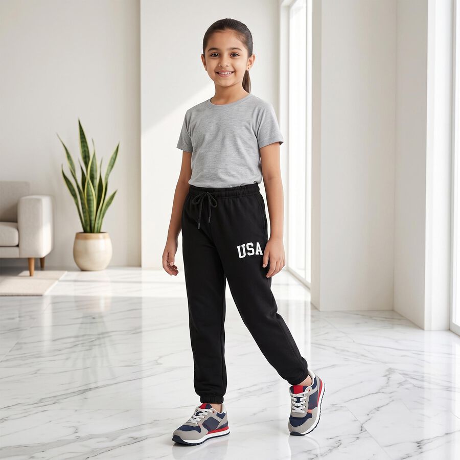 Girls Black Jogger Fit USA Print Winter Pyjama, Black, large
