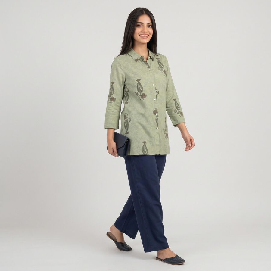 Women's Sage Green Shirt Collar Floral Printed Kurti, हल्का हरा, large