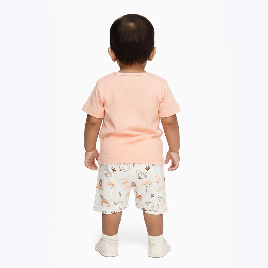 Infants' Peach Cotton Round Neck Animal Print Baba Suit, Peach, large image number null