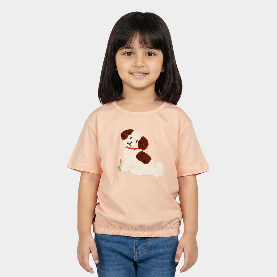 Girls Light Pink Cotton Round Neck Regular T-Shirt, Light Pink, large