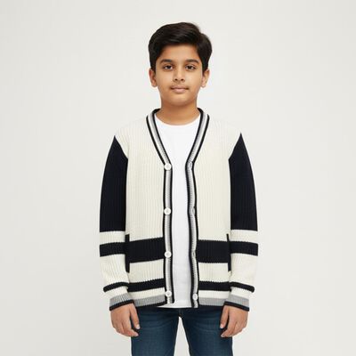 Boys Off White and Navy V-Neck Casual Pullover