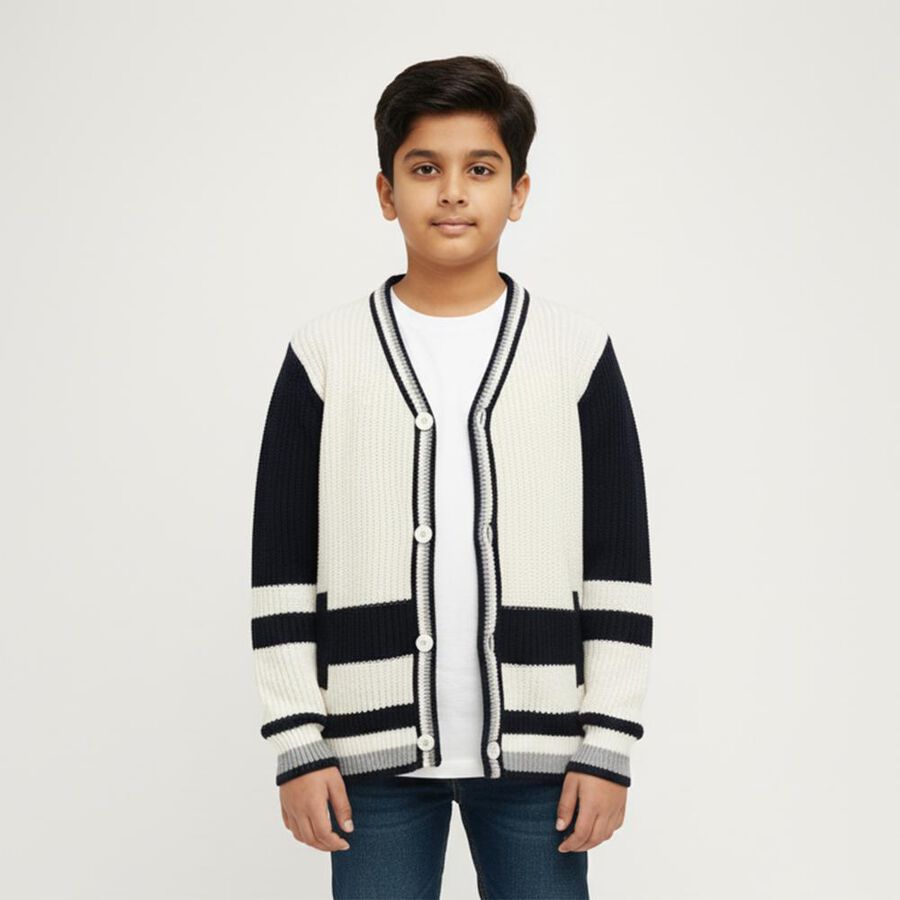 Boys Off White and Navy V-Neck Casual Pullover, ऑफ व्हाइट, large image number null