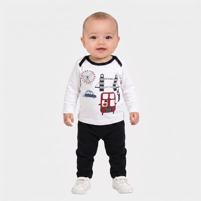 Infants' Navy Blue 100% Cotton Round Neck Graphic Print Baba Suit