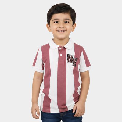 Boys Pink Cotton Polo Neck Striped T-Shirt