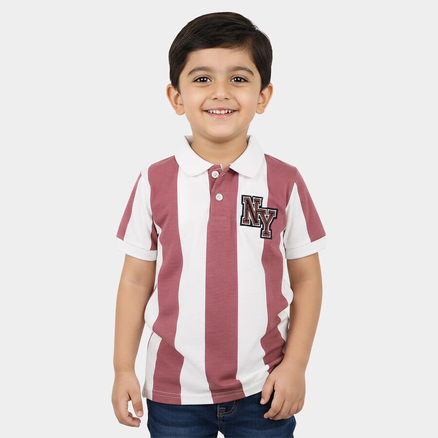 Boys Pink Cotton Polo Neck Striped T-Shirt, Pink, large