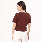 Women's Deep Brown Cotton V-Neck Casual Crop T-Shirt, Brown, small