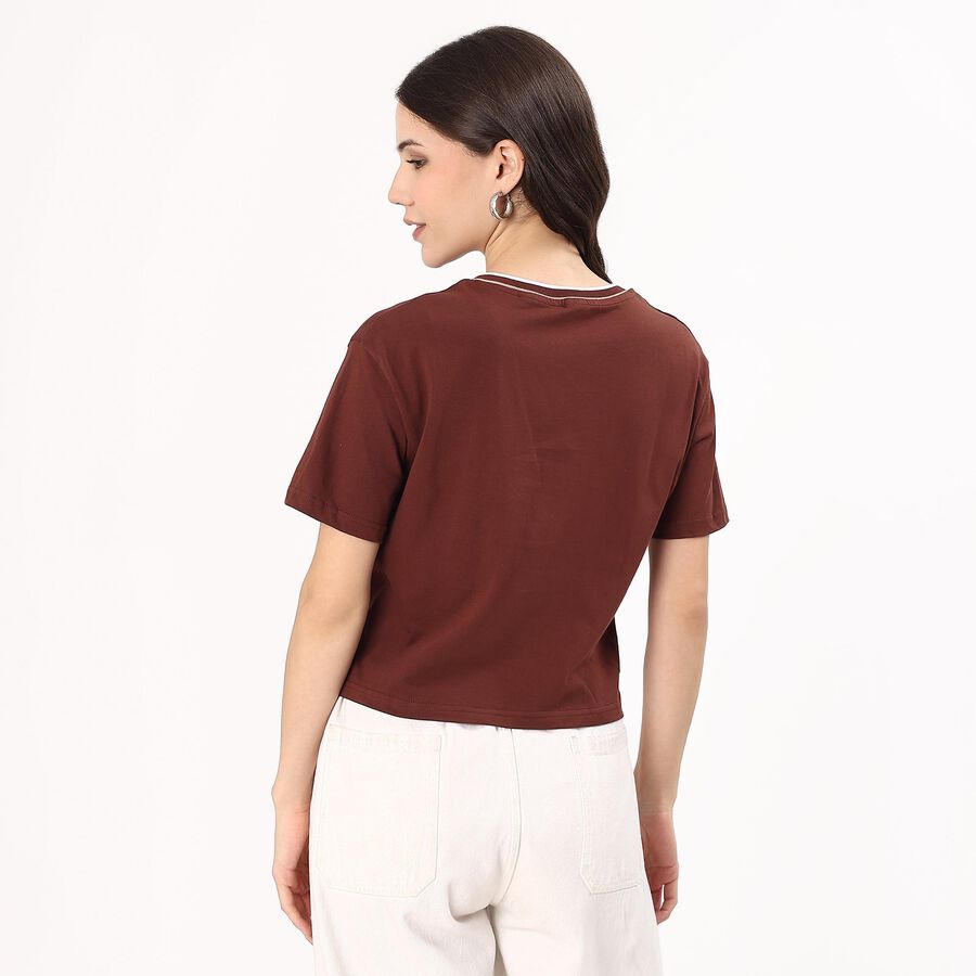 Women's Deep Brown Cotton V-Neck Casual Crop T-Shirt, Brown, large
