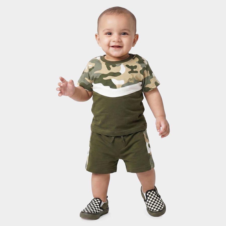 Infants' Olive Green 100% Cotton Round Neck Camouflage Printed Baba Suit, ओलिव, large