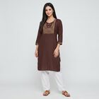 Women's Brown Round Neck Embroidered Kurta, Brown, small