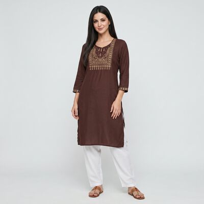 Women's Brown Round Neck Embroidered Kurta