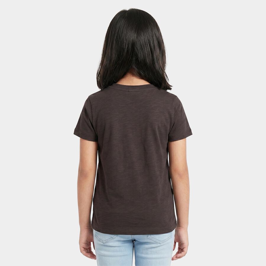 Girls Black Cotton Round Neck Regular T-Shirt, चारकोल, large