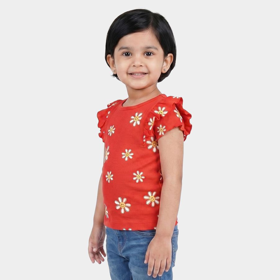 Girls Red Cotton Round Neck Regular T-Shirt, Red, large