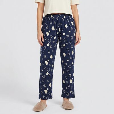 Women's Navy Blue Straight Fit Heart and Star Pyjama